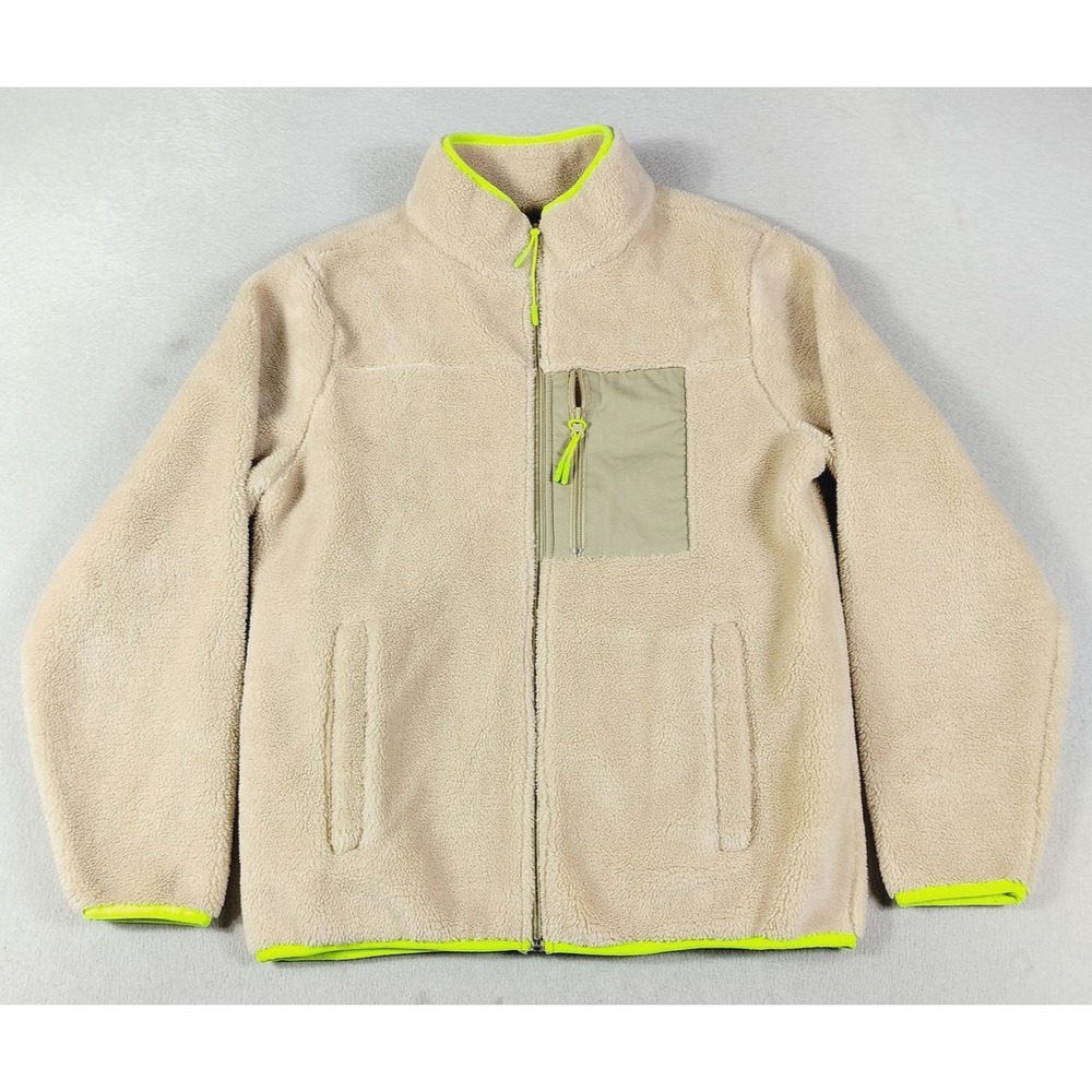 PacSun Jacket Mens Small Beige Sherpa Fleece Full Zip Neon Trim Lined Bomber